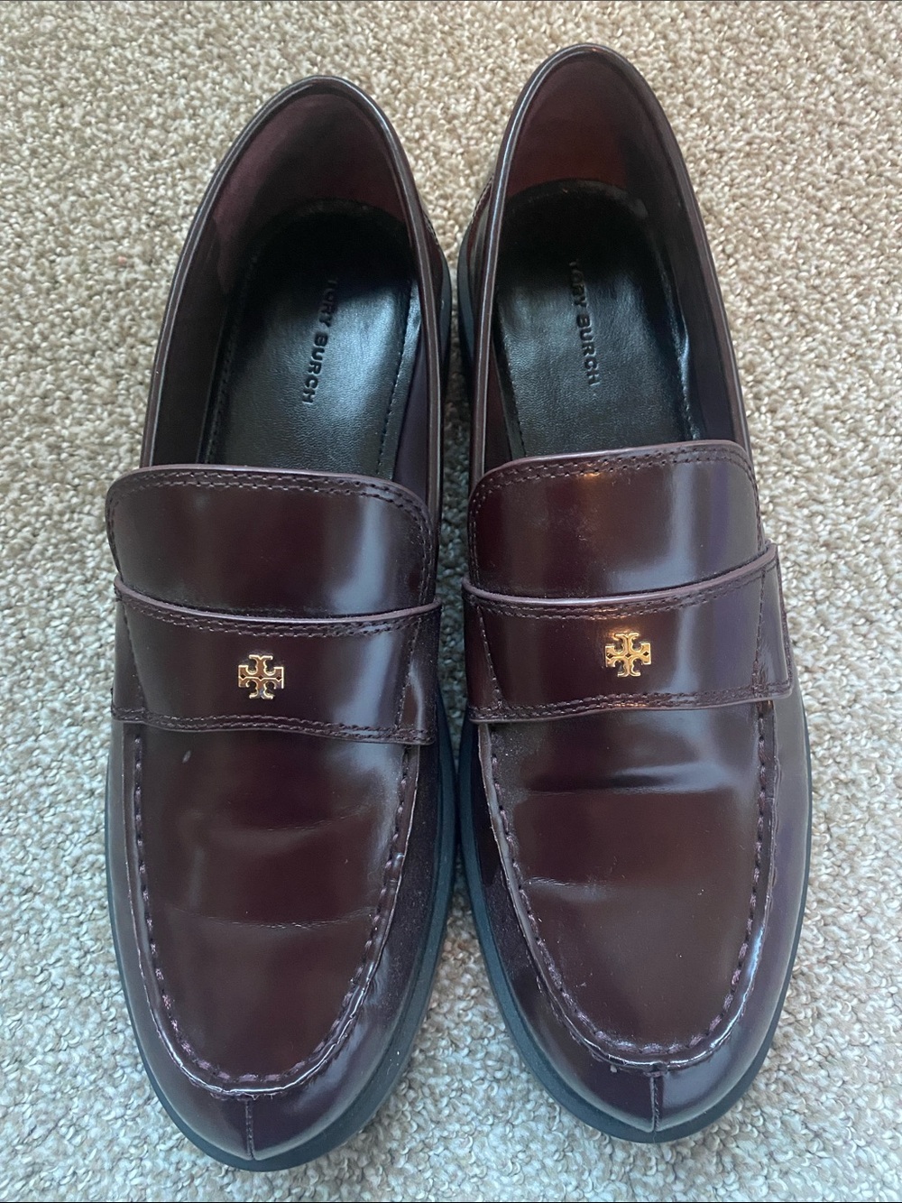 Tory Burch Men’s Dark Burgundy Leather Penny Loafers with Gold Logo